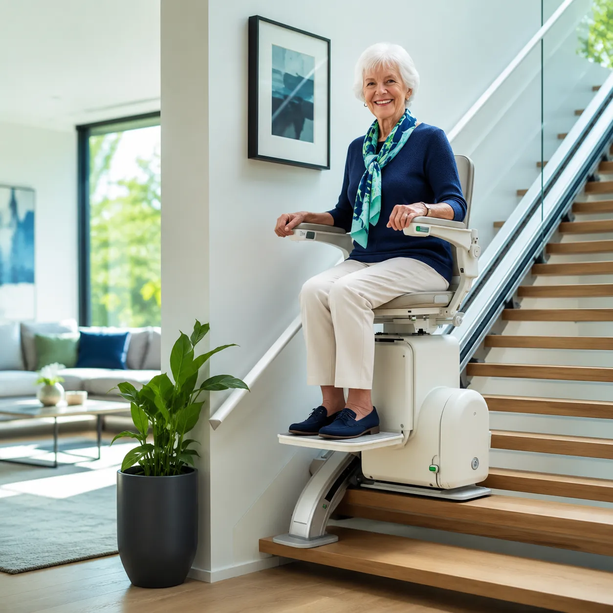 Traplift gemonteerd langs een trap in een woning
