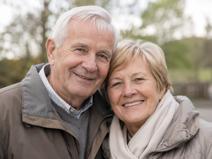 Oudere man en vrouw dicht bij elkaar aan tafel in hun eigen woning