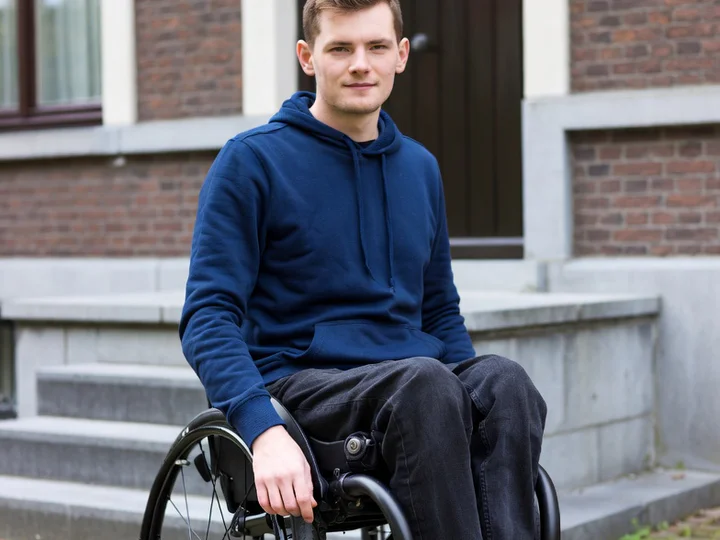 Jonge man in een rolstoel voor de deur van zijn woning