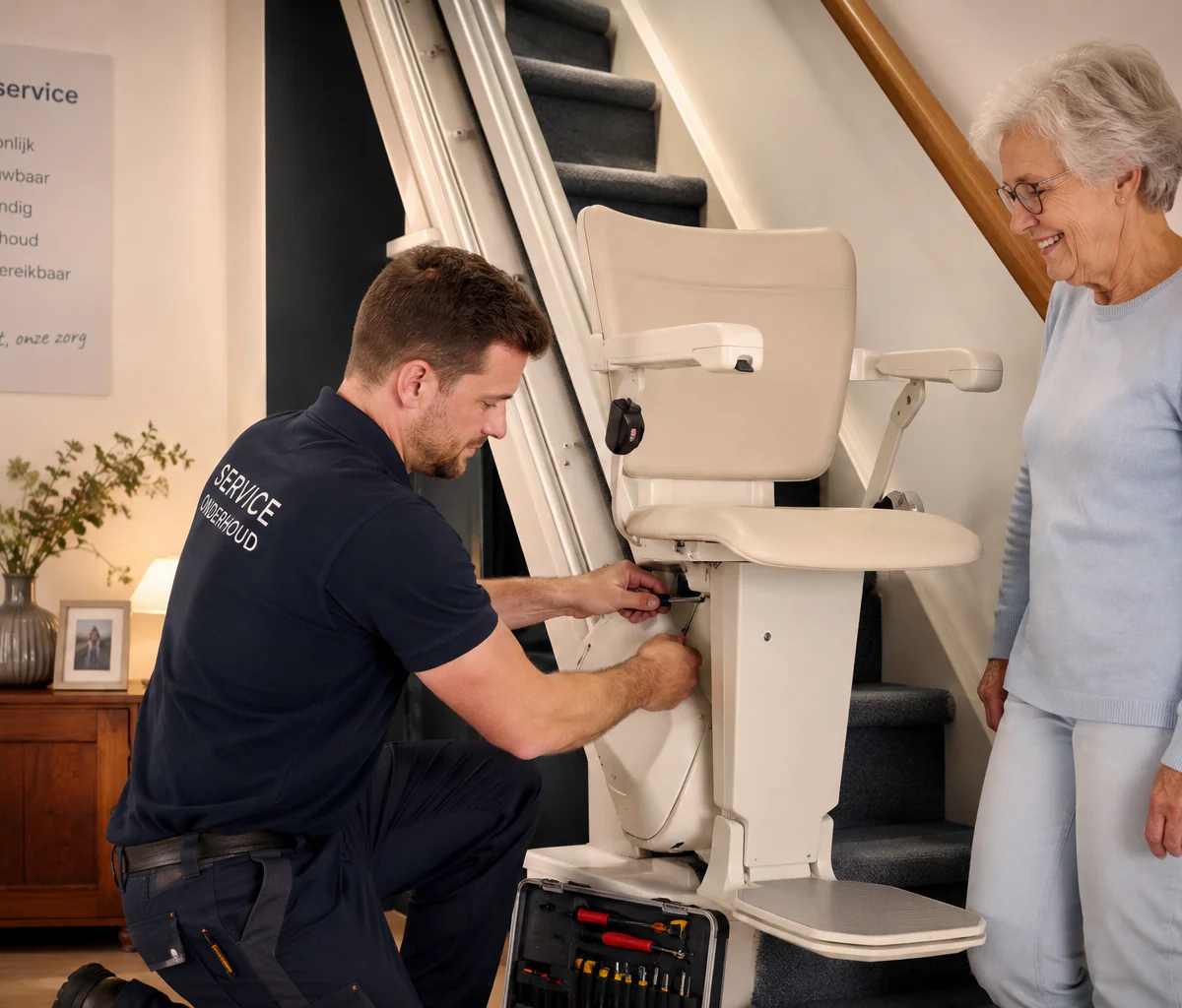 Technieker voert onderhoud uit aan een traplift terwijl de bewoonster toekijkt
